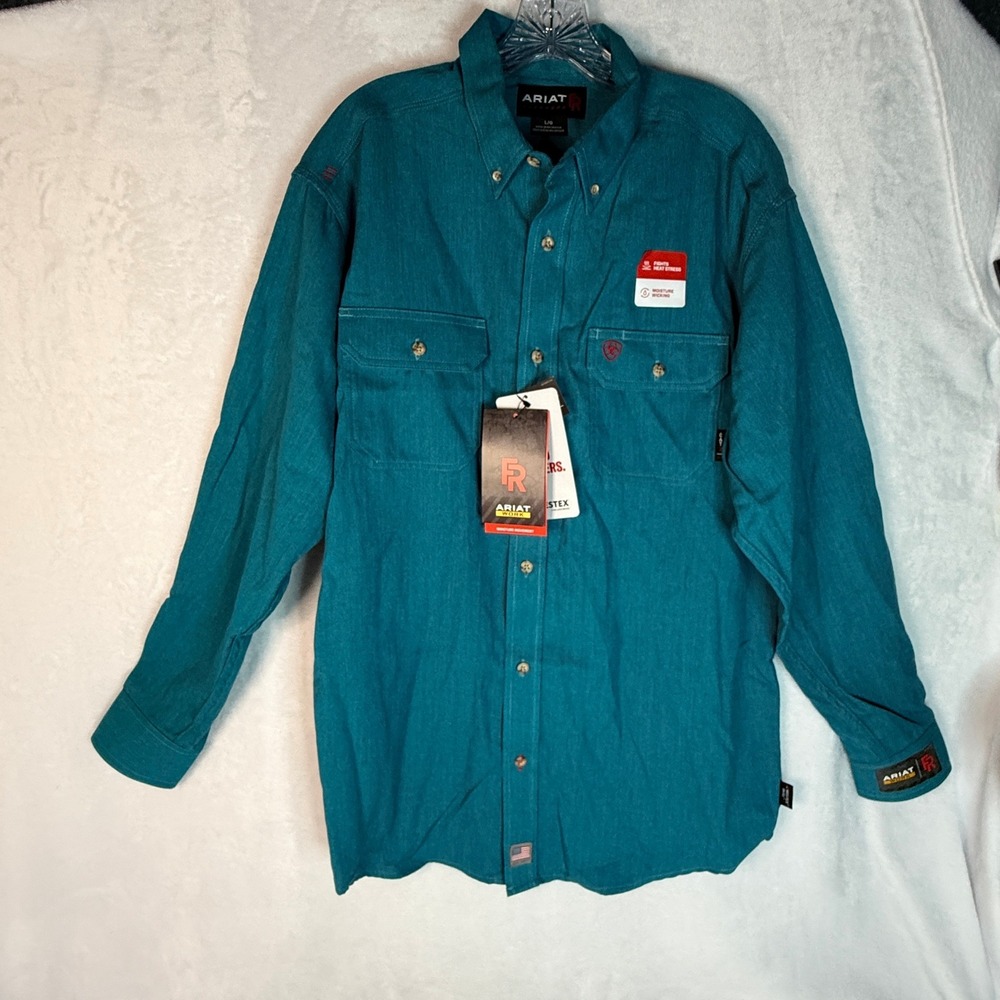 Ariat FR Work Shirt Men's L Aqua Flame Resistant Button Front CAT 2 NWT